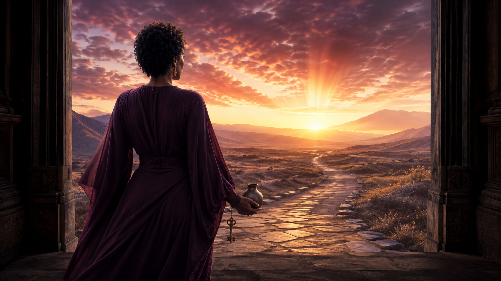 A Black woman carrying a small key and vessel through a dawn threshold toward an illuminated path