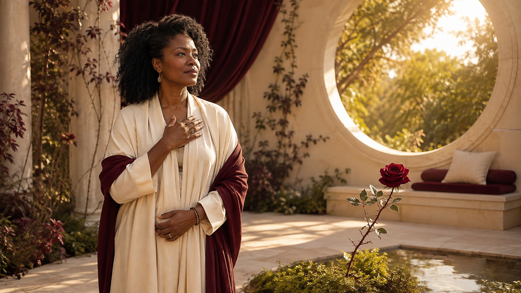 A mature Black woman in an ivory and burgundy sanctuary garden beside a rose and a luminous circular window